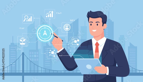 Fototapeta Businessman with tablet points at target on virtual screen. Concept for business strategy, goals, market analysis, investment, corporate growth, and future technology.