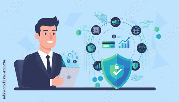 Obraz Fintech concept. Businessman with tablet for online banking, investment, e-commerce. Data protection, cybersecurity with shield for safe digital payment and transaction.