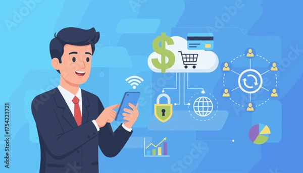 Obraz Businessman using mobile online banking for payment. Fintech concept with cloud technology, secure transaction, e-commerce shopping, global network and financial data analysis.