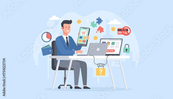 Obraz Online shopping and e-commerce concept. Man at desk with laptop and phone buying on internet. Secure mobile payment, digital transaction, online store, business illustration.
