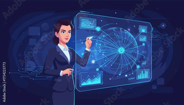 Obraz Businesswoman analyzing global network connections on a futuristic digital interface. Concept for business intelligence, big data analytics, global strategy, and financial technology.