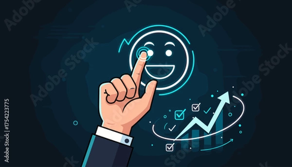 Obraz Businessman hand touching smiley face icon. Customer satisfaction and positive feedback concept. Business growth chart and performance evaluation for success and quality service.