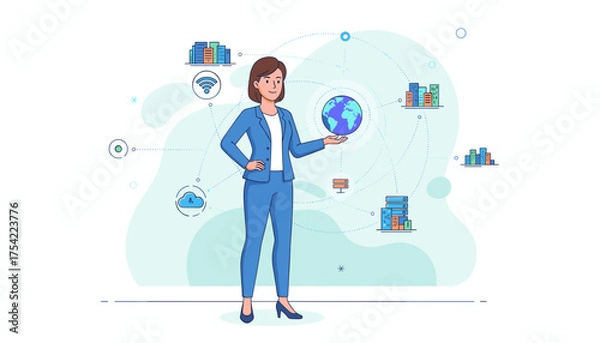 Obraz Businesswoman holding globe. Global network connection. Modern technology, communication and business. Worldwide data exchange, server, cloud computing and internet.