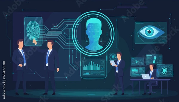 Obraz Biometric authentication. Fingerprint scanning, facial recognition, iris scan. Businessmen using futuristic security UI for identification & access control. Cybersecurity, data protection.