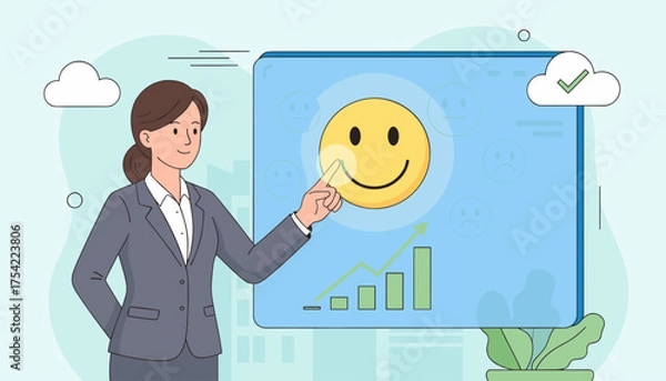 Obraz Businesswoman choosing happy smile emoticon on customer satisfaction survey. Concept of positive feedback, user experience rating, service quality review, performance growth.
