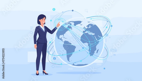 Obraz Businesswoman touching global network. International business connection and data exchange. Worldwide communication technology concept. Planet Earth with virtual interface. Future.