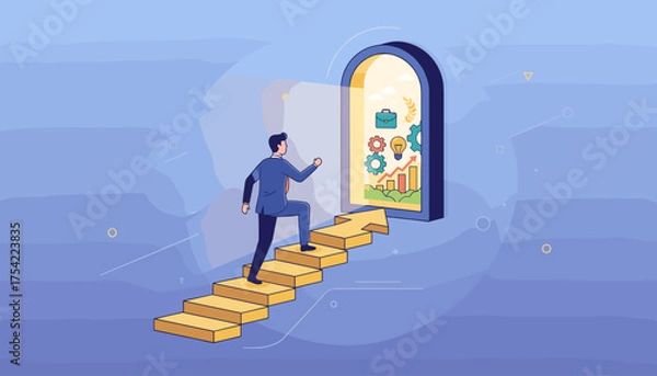 Obraz Career opportunity concept. Businessman climbing arrow stairs to a doorway of success. Solution for business growth and development. Metaphor for progress, achievement, and goals.