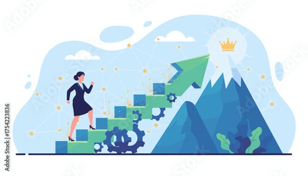 Obraz Businesswoman climbing career ladder for growth and success. Leadership and ambition concept. Arrow path to the top of the mountain with a crown. Vector illustration.