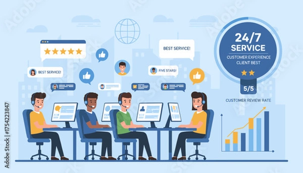 Obraz Call center customer service concept. Hotline operators with headsets providing 24/7 online support. Client experience, positive feedback, five star rating. Vector illustration.
