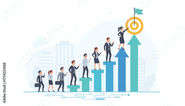Obraz Career ladder growth concept with business people climbing up arrow chart. Metaphor for success, ambition, achievement, and promotion. Woman leader reaches the target goal.