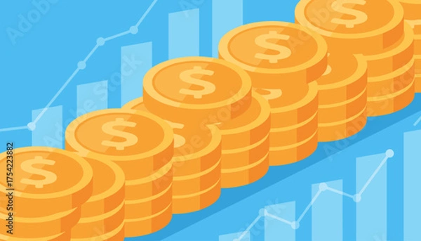 Obraz Close up rows of golden coins for finance and banking concept. Isometric vector illustration with money stacks. Financial growth chart, investment success, market profit and savings.