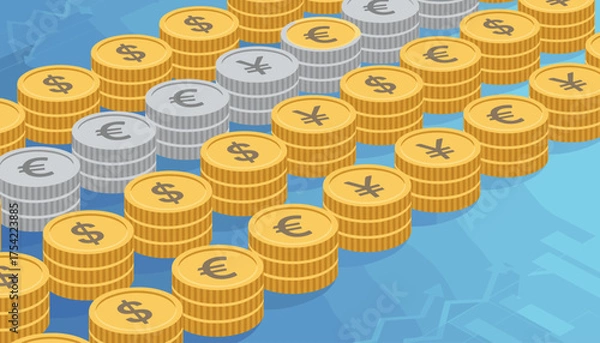 Obraz Isometric vector concept of global finance, currency exchange, and banking. Stacks of gold and silver coins with dollar, euro, and yen symbols for money growth and investment.