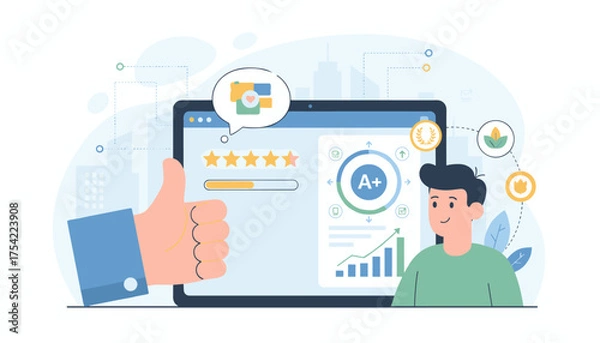 Fototapeta Customer satisfaction concept. Client gives positive review and five star rating for service experience. User feedback and quality evaluation. Excellent performance with A+ score.