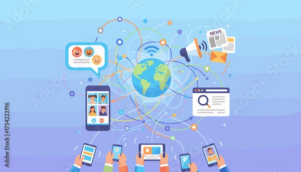 Obraz Global communication via internet technology. Worldwide network connection. Social media, online news, video call. People using mobile devices for data sharing and connectivity.