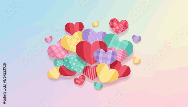 Obraz Colorful paper hearts with patterns on a pastel gradient background. Vector illustration for Valentine's Day, Mother's Day, love, romance, wedding, or a greeting card design.