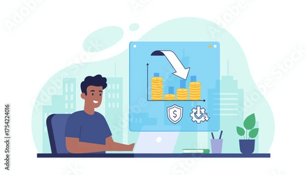 Obraz Cost reduction business finance concept. Man analyzing budget. Expense cutting and money saving strategy. Financial crisis, price decrease chart. Investment risk management.