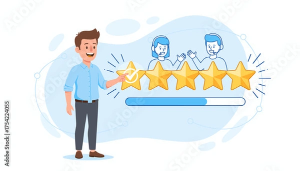 Obraz Customer service experience concept. Businessman client giving a five star rating for online support. Man leaving satisfaction review with positive feedback. Excellent quality.