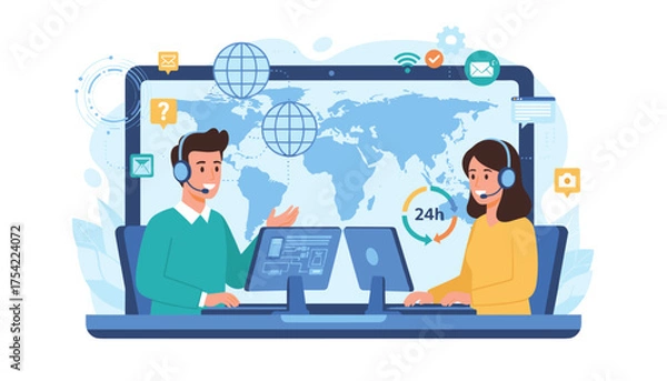 Obraz Customer service online support center concept. Hotline operators with headsets. Global technical assistance. Man and woman agents at computers. 24h worldwide client help.