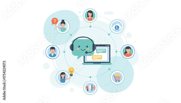 Obraz Customer service concept with chatbot and live support. Business communication network for helpdesk, CRM, and e-commerce. Technical assistance and client interaction.