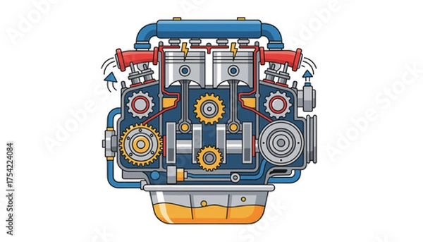 Obraz Car engine in cut. Vector cartoon illustration. Internal combustion motor cross-section. Automotive mechanism with pistons, gears and crankshaft. Technical auto service.