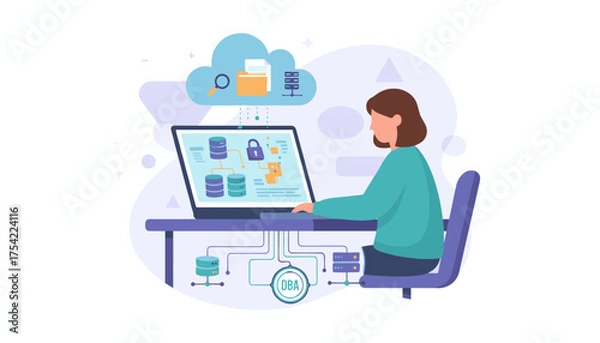 Obraz Database administrator managing data system and network security. DBA at work with laptop, cloud storage. Concept of big data processing, server administration, protection.