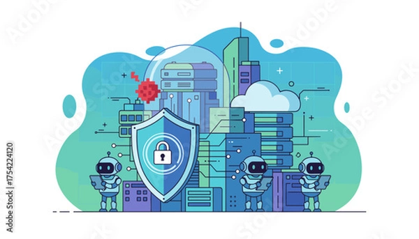 Obraz Cybersecurity flat vector illustration. AI robots protecting data center and cloud servers from virus attack. Network security technology concept with shield and padlock.