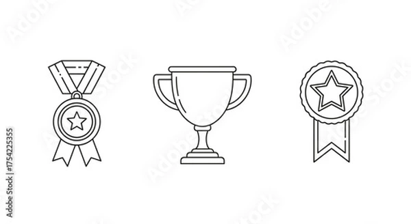 Fototapeta Award icon set with trophy, medal, and prize. Line art symbols for winner, victory, success, champion. First place achievement. Competition graphic elements vector pack.