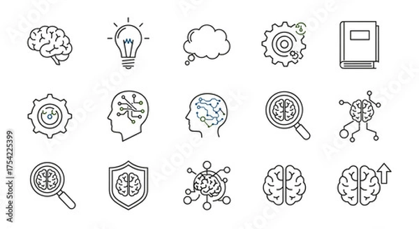 Fototapeta Artificial intelligence line icon set. Concepts of machine learning, brain process, idea, psychology, neuroscience. Human mind, neural network, deep learning vector icons.