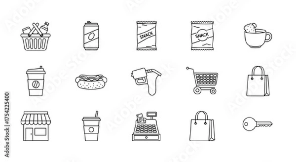 Fototapeta Shopping and retail icons collection with snacks, beverages, key, basket, cart, cash register, hot dog, coffee cup, shopping bags, fuel pump, and store front minimalist line art