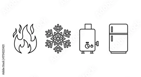 Fototapeta Set of heating and cooling line icons. Fire flame, cold snowflake, hot water boiler, and refrigerator vector symbols. Home appliances for temperature and climate control.