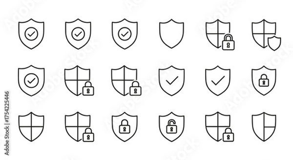 Fototapeta Security shield icon set. Protection, safety, defense concept. Vector line art. Check mark for verified guarantee. Lock and padlock for privacy, access. Cybersecurity symbol.