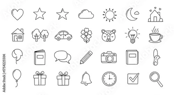 Fototapeta Set of universal thin line icons. Hand-drawn doodle pictogram collection for web design, mobile app, and infographics. Includes heart, star, house, car, flower, and book symbols.