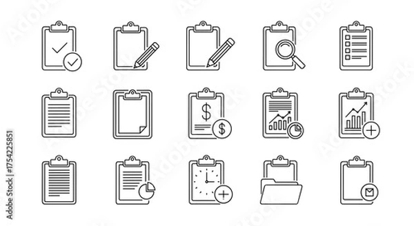 Fototapeta Clipboard line icon set. Business document, report, and checklist vector icons. Task management, survey, audit, financial analysis, project planning, and office symbols.