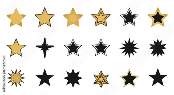 Fototapeta Set of gold and black star icons. Vector collection of various star shapes for rating, award, or decoration. Golden favorite symbol, sparkle, and twinkle element design.