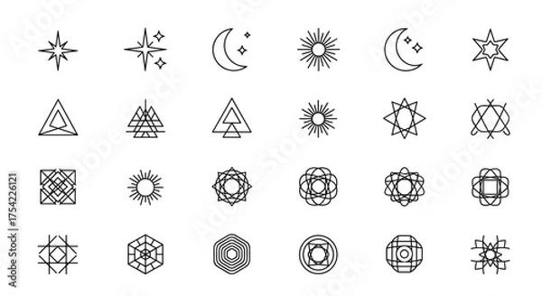 Fototapeta Esoteric symbols icon set. Mystic alchemy, sacred geometry collection. Minimal line art signs of sun, moon, stars. Abstract magic, astrology logo elements for branding.