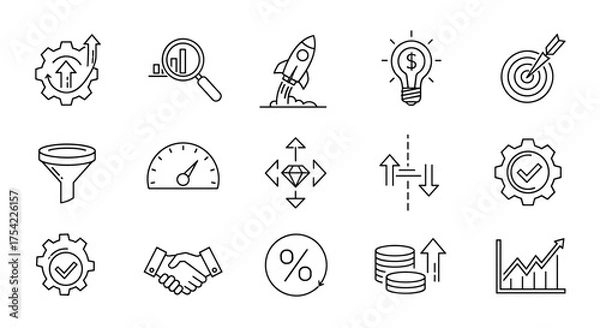 Fototapeta Startup and business development thin line icon set. Data analysis, financial investment, sales funnel, and target achievement. Efficiency, quality control, and growth.