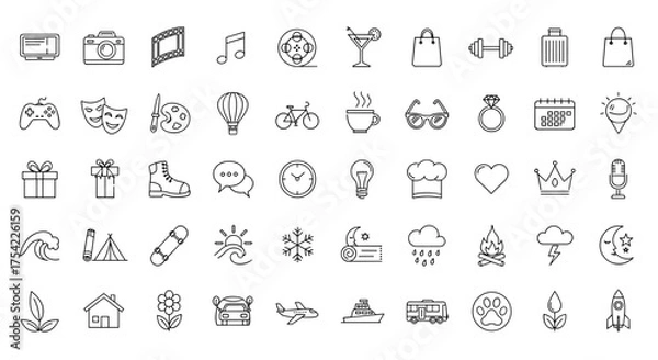 Fototapeta Big vector linear icons set. Universal outline symbols for web and mobile. Hobbies, travel, food, weather, technology, and lifestyle concepts. Thin line pictograms.