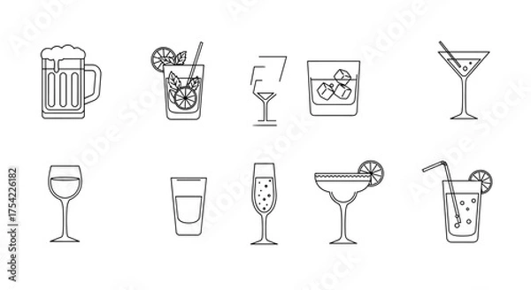 Fototapeta Alcohol drink and cocktail line art icon set. Vector collection for bar menu includes beer, wine, whiskey, martini, margarita, mojito, champagne, shot glass and broken glass.