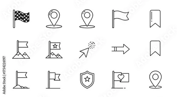Fototapeta Goal and achievement thin line icon set. Vector symbols for success, milestone, target, and destination. Includes finish flag, mountain peak, map pin, and navigation arrow.