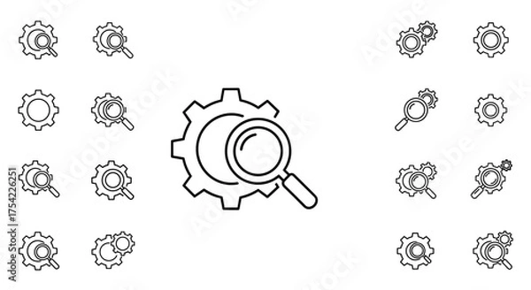 Fototapeta Search settings icon pack. Magnifying glass over gear. Find configuration, setup options, & analysis. Technical inspection & audit concept. SEO optimization, discovery vector.