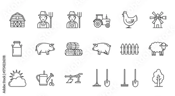 Fototapeta Farming and agriculture line icon set. Vector symbols of rural life. Includes farmer, tractor, barn, windmill, pig, sheep, chicken, plow, and other farm tools and equipment.
