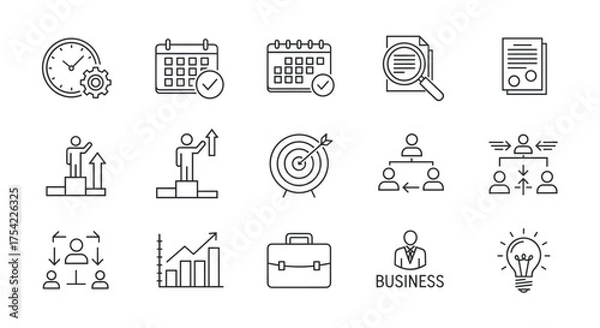 Fototapeta Business icons set with charts, calendar, clock, team hierarchy, briefcase, target, documents, and light bulb symbols for productivity and office success concept