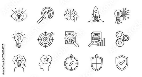 Fototapeta Business innovation and startup concepts icon set. Icons for growth strategy, data analysis, creative idea, project launch, goal achievement, and new technology development.