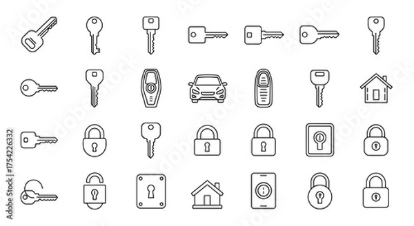 Fototapeta Vector Set of Security Keys, Locks, House and Car Key Fobs, Keyholes, and Padlock Icons, Outline Safety and Access Control Symbols, Home and Vehicle Protection Elements