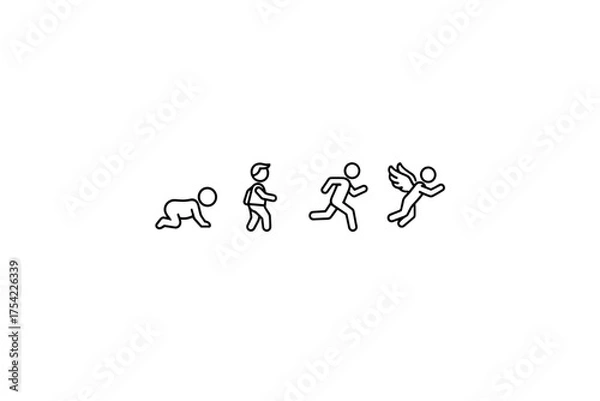 Fototapeta Human growth stages icon set, crawling, walking, running, flying with wings, child development and progress pictogram symbols vector