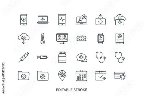 Fototapeta Digital healthcare and telemedicine icon set. Medical technology vector line symbols for online doctor consultation, remote patient monitoring, health data, vaccine, calendar, and medical records.