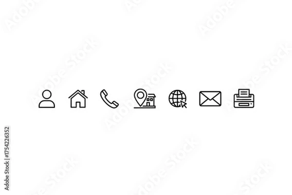 Fototapeta Business card icon set in minimalist line style featuring user profile, home, phone, location, web globe, mail, and printer symbols vector design for corporate branding