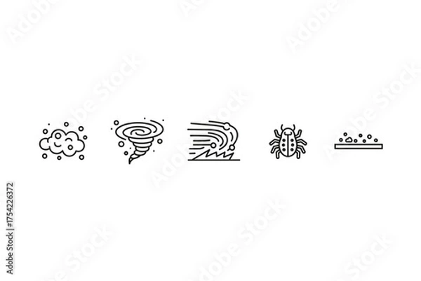 Fototapeta Dust particles and debris icons set. Outline vector illustration of dust cloud, tornado dust whirl, dust storm, dust mite, and dust particles on surface. Airborne dust symbols