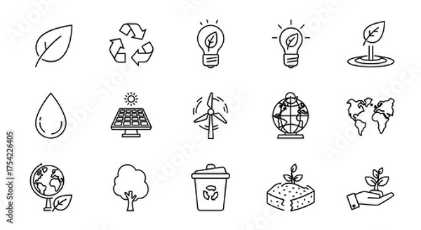 Fototapeta Ecology line icon set. Environment, sustainability, renewable green energy concepts. Vector icons of leaf, recycle, solar panel, wind turbine, water drop, planet earth, plant.
