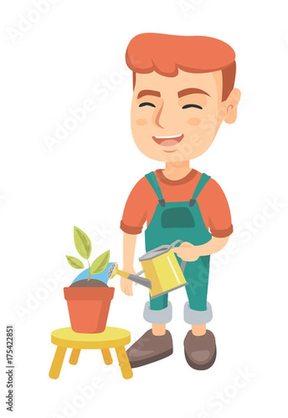 Fototapeta Caucasian boy watering plant with a watering can. Little laughing boy watering a flower growing in a pot. Vector sketch cartoon illustration isolated on white background.